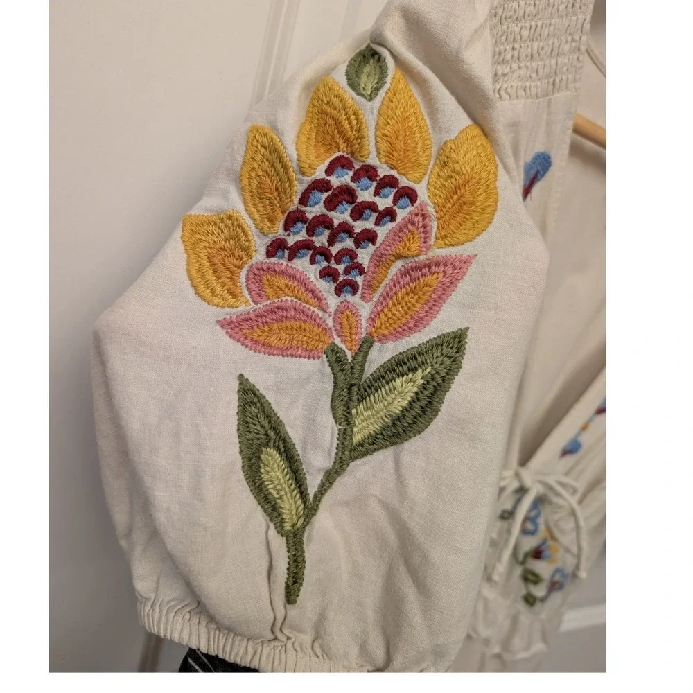 Farm Rio Cream Floral Embroidered Linen Blend Romper V-Neck Puff Sleeve Boho - Picture 9 of 10